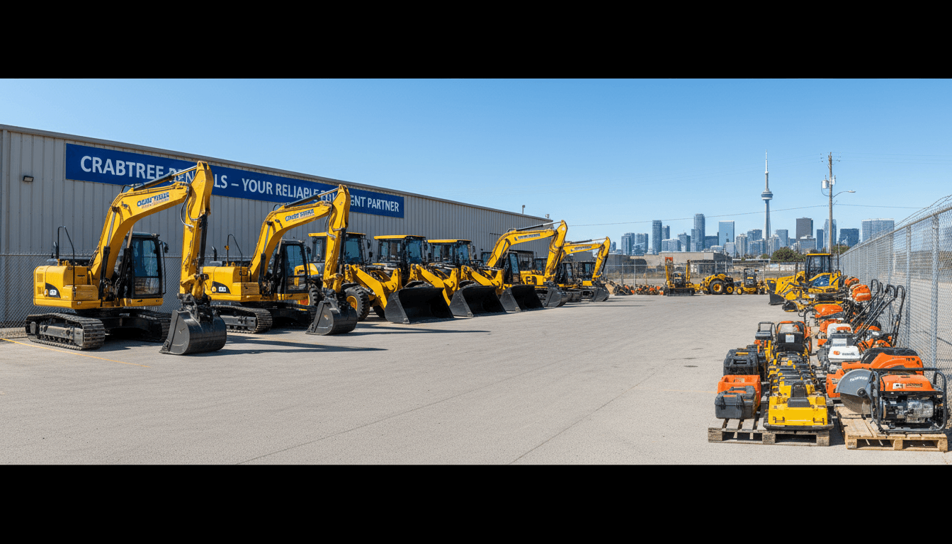 Organized service yard in Toronto with various rental equipment ready for pickup