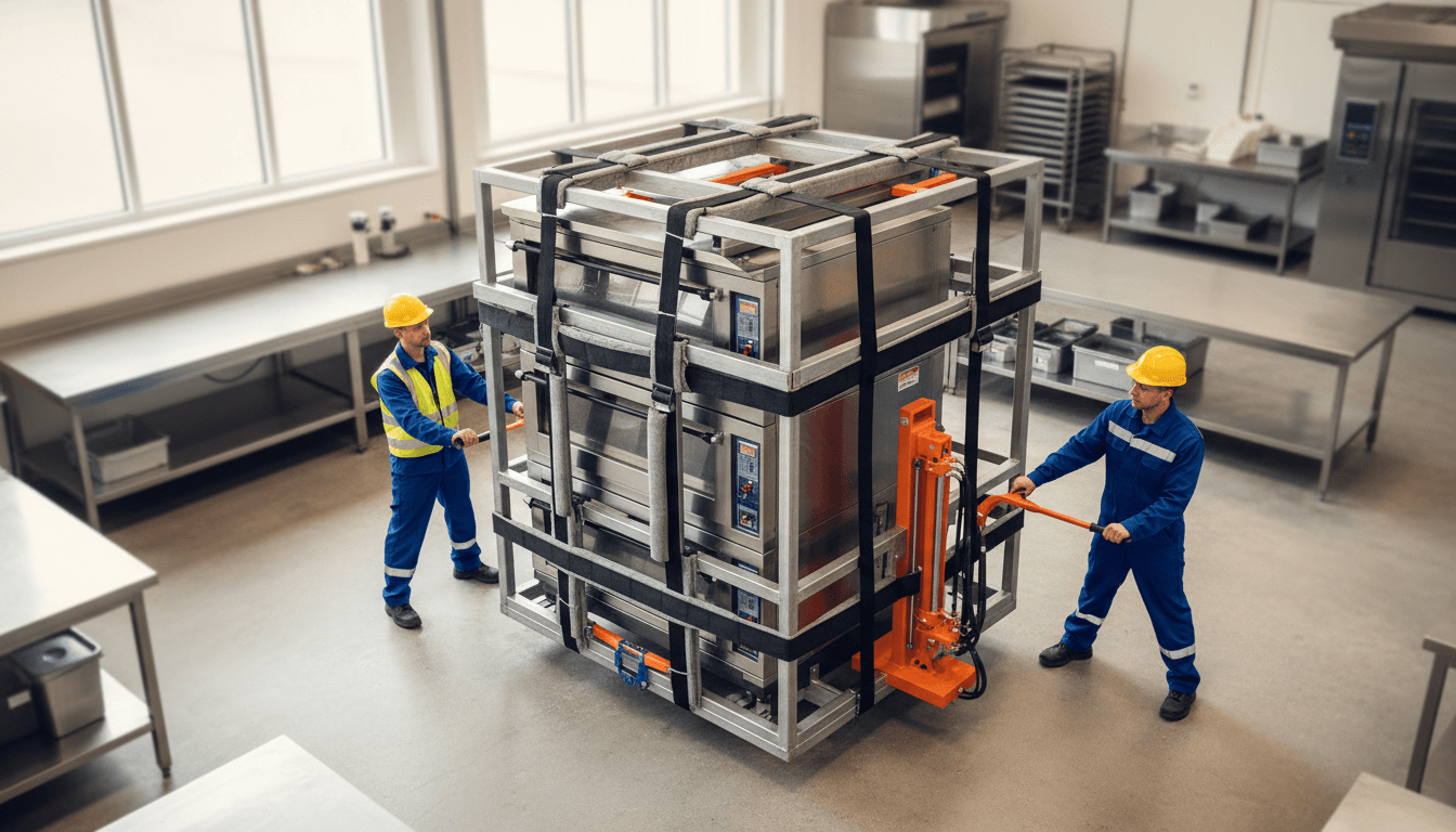 Professional movers securing a large commercial deck oven with straps in industrial bakery space