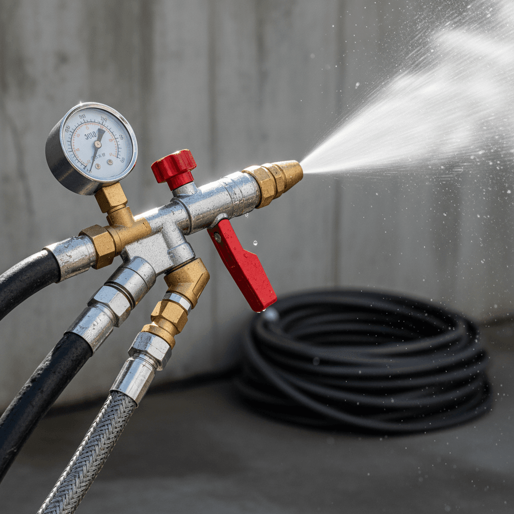 Close-up of professional pressure washer equipment showing nozzle, controls, and water spray in technical detail