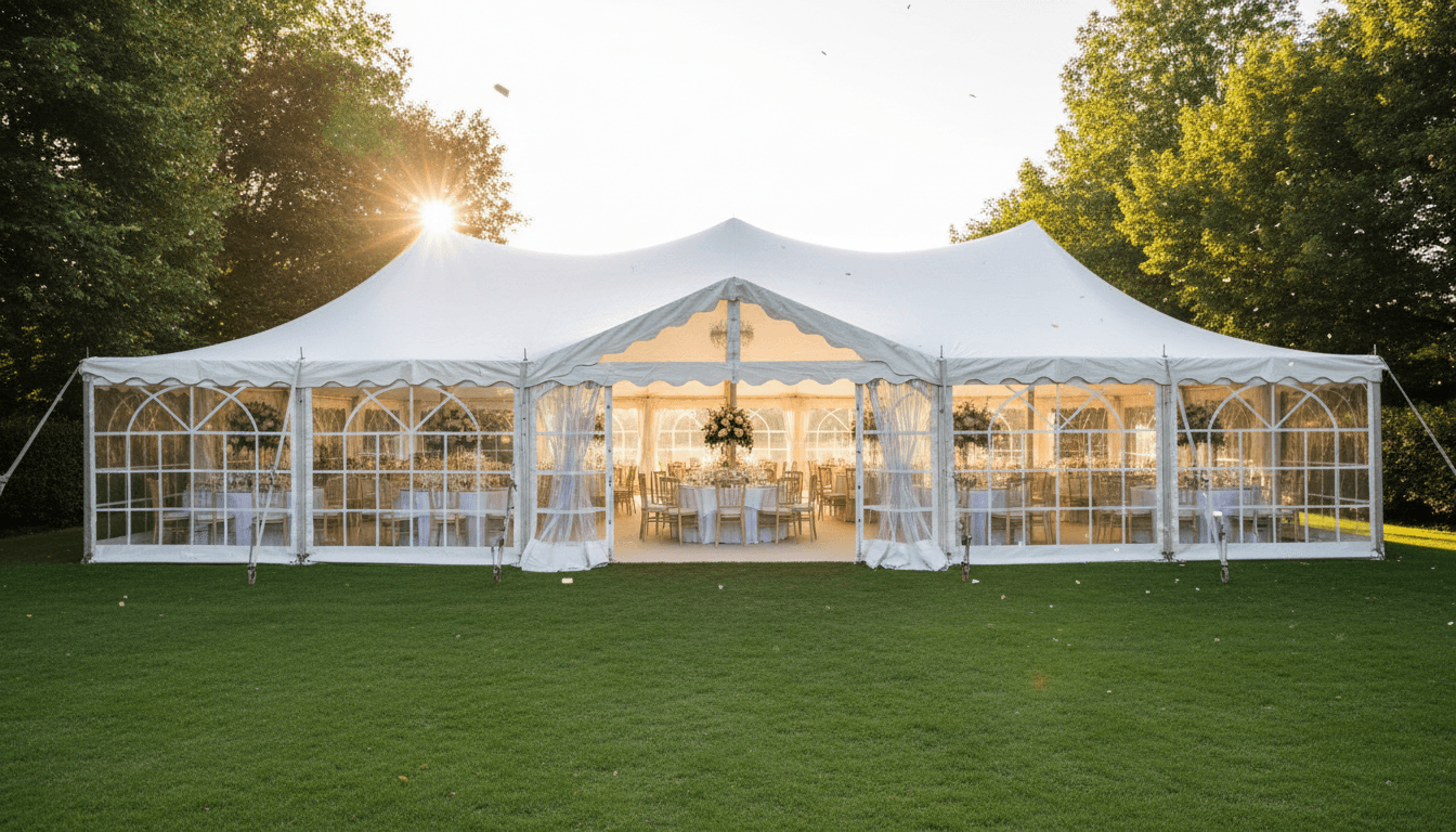Large white event tent with transparent windows installed in garden setting, showcasing decorated interior with banquet tables and floral arrangements