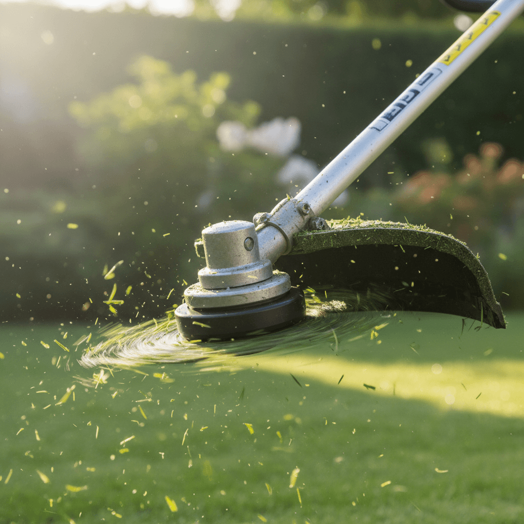 Close-up of electric trimmer's rotating head actively cutting grass with morning dew