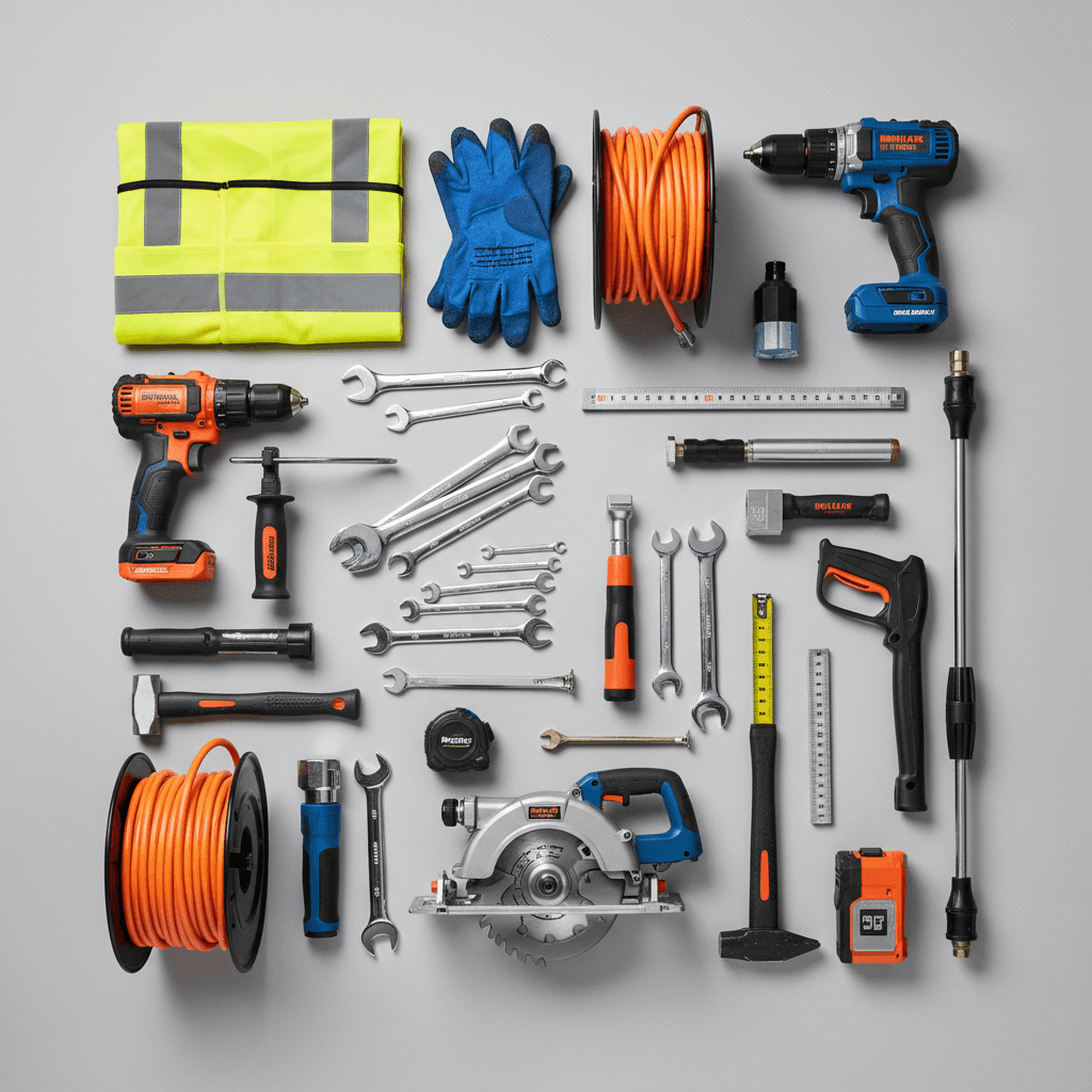 Organized overhead arrangement of diverse rental equipment including power drills, wrenches, safety gear, and cable reels on neutral background